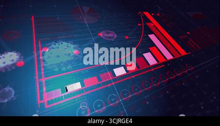 Displaying 3D red-pink bar chart segments rising on dark grid, with red curve, markers, viral icons Stock Photo