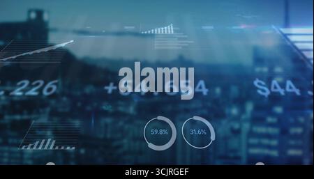 Displaying financial dashboard overlay over dusk skyline, with translucent charts and metrics Stock Photo
