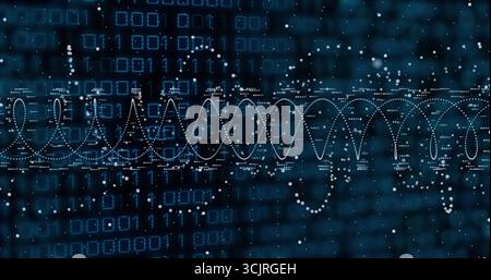 Flowing dotted white waveform tracing spiral curves in virtual data display, with binary digits Stock Photo