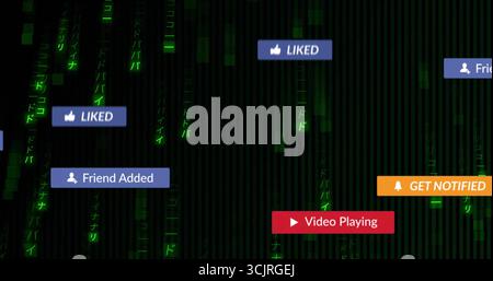 Floating panels hovering in code matrix, with blue likes, friends, orange bell and red play icons Stock Photo