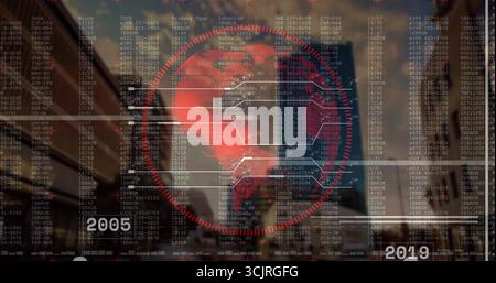 Projecting red globe interface over street with towers, data overlays, nodes and 2005-19 timeline Stock Photo