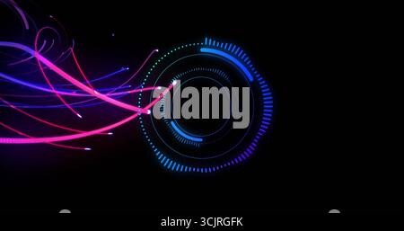 Displaying glowing circular digital interface receiving neon light trails in space with HUD data Stock Photo