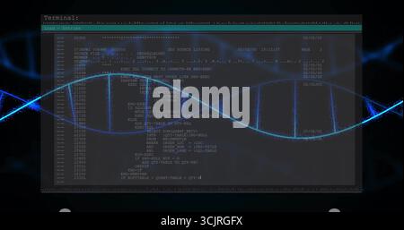 Displaying terminal running code listings in dark workspace, with blue double helix graphic Stock Photo
