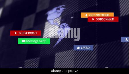 Displaying light blue Americas map at center, showing floating notification bubbles over grid Stock Photo