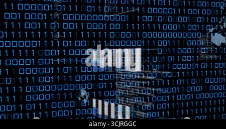 Displaying translucent binary digits flowing across glass skyscraper facade, with wireframe globe Stock Photo