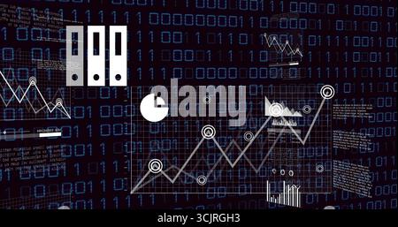 White line graph rising in interface, with binder icons, charts and code over binary background Stock Photo