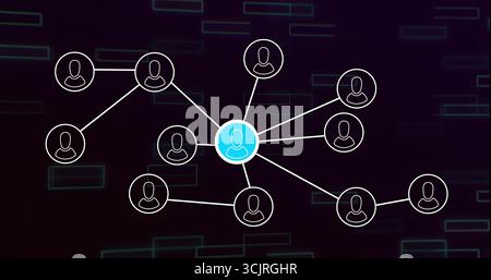 Displaying blue user icon linking nodes with white lines on network diagram with neon green data Stock Photo
