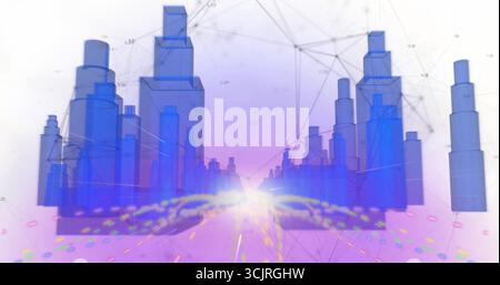 Displaying cityscape receding toward horizon, with blue towers, network nodes and particle trails Stock Photo