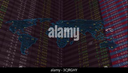 Neon-blue world map highlighting rotating columns in data dashboard, with geometric data markers Stock Photo