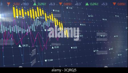 Displaying trading dashboard on screen showing yellow candlestick bars, line graphs, white markers Stock Photo
