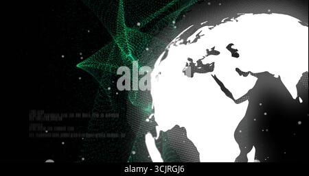 Displaying white globe overlaying green mesh particle dots and text patterns in network, copy space Stock Photo