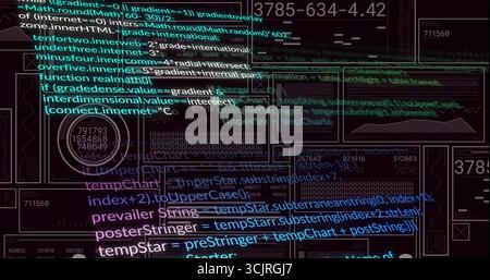 Displaying code panel updating on grid background with code blocks, line charts and circular gauge Stock Photo