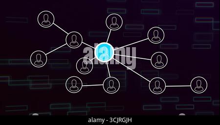 Displaying central blue user node linking peripheral white user nodes in dark gradient Stock Photo