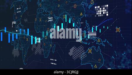 Displaying world map on dashboard screen, with candlestick bars, trend lines and hexagon clusters Stock Photo