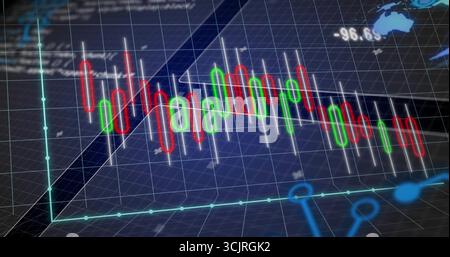 Displaying red and green candlestick bars fluctuating on dark blue grid plane, with turquoise axes Stock Photo