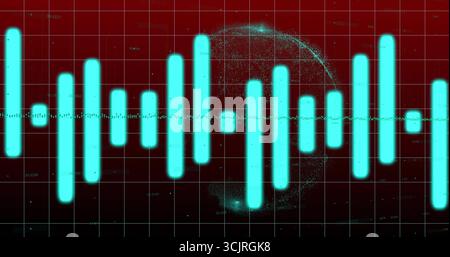 Displaying cyan waveform bars pulsing across dark red grid screen, with globe and numeric labels Stock Photo