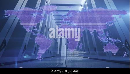 Projecting holographic world map in data center with server racks, floor grates and floating code Stock Photo
