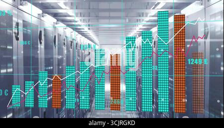Projecting translucent digital bar and line graphs across server room corridor, with LED panels Stock Photo