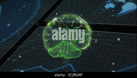 Floating neon green brain wireframe hovering in data environment, with annotation and HUD overlay Stock Photo