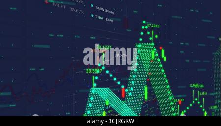 Displaying neon green graph surface undulating in dashboard, with candlestick bars and line graphs Stock Photo