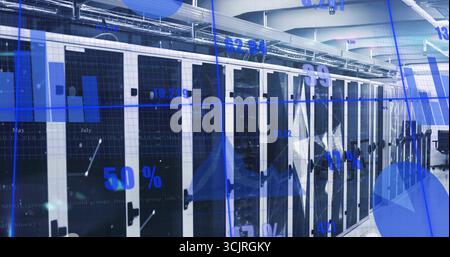 Displaying white server cabinets lining climate control data center corridor, with digital overlays Stock Photo