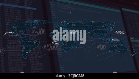 Displaying map overlay on digital dashboard, with hex grids, alert and node icons and code streams Stock Photo