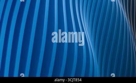 A horizontal abstract wallpaper showing glowing blue curved 3D stripes resembling fluid waves, designed for modern design projects, technology themes, Stock Photo
