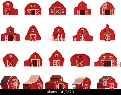 Farm red barns. Countryside wooden barn icons, classic rural architecture buildings. Farming houses, agriculture constructions sapid vector clipart or Stock Vector