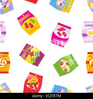 Plastic packs of jelly candies. Vending machines goods, sweet juicy snacks for adults and children. Different packaging of gummy, vector background or Stock Vector