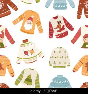 Winter warm knitted sweaters seamless pattern. Christmas sweater design with santa elf deer xmas tree. Holidays print template, vector background orig Stock Vector