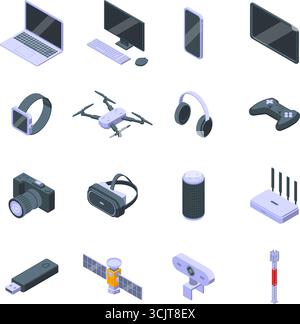 Isometric electronic technology 3d gadgets. Laptop computer headphones usb-card, ai glasses. Different modern devices icons, nifty vector clipart orig Stock Vector