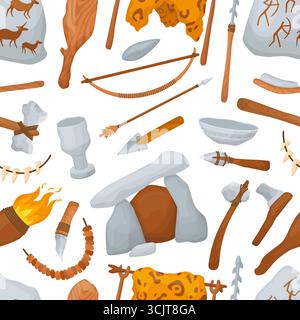 Stone age tools seamless pattern. Stone bowls and cup, fire torch axe wooden club, arrows. Decorative cartoon primitive elements, neoteric vector prin Stock Vector
