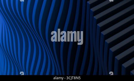 A digital artwork depicting futuristic wave-like stripes in shades of blue and black, forming a geometric abstract background suitable for creative de Stock Photo