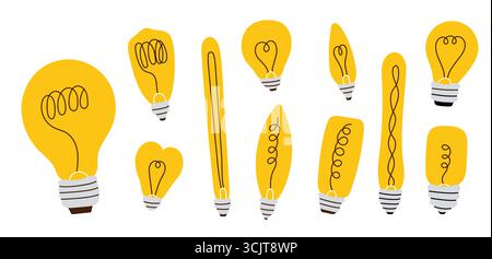 Hand-drawn doodle vector illustration of filament LED light bulbs. Minimal linear set with transparent glass shapes and glowing filaments. Perfect for Stock Vector