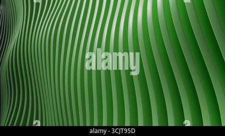 A digital abstract wallpaper featuring glowing green 3D stripes arranged in smooth curved waves, suitable for technology visuals, decoration, and styl Stock Photo