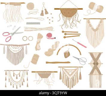 Macrame. Working tools for handmade crafting macrame from fibers and knots recent Vector workshop items collection original artwork Stock Vector