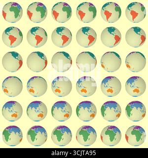 Collection of globes. Normal sphere view. Rotation step 10 degrees. Colored continents style. Stock Vector