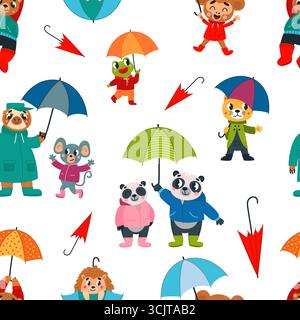 Animals with umbrellas. Cartoon animal holding umbrella, autumn seasonal seamless pattern. Cute frog mouse sloth panda characters, vector background o Stock Vector