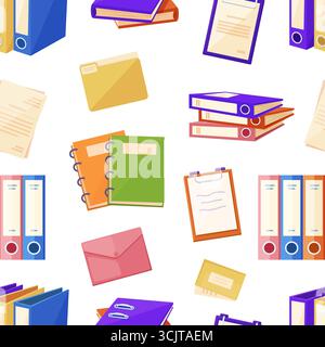 Paper folders seamless pattern. Holder for sheets, notebooks, notepad. Cartoon envelope for letters and stickers. Print design, office vector backgrou Stock Vector