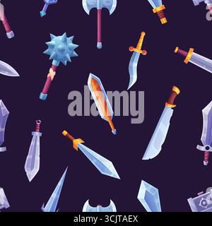 Medieval weapons. Ancient daggers, hammer, bazooka for battle and defense. Decorative vintage cartoon weapon seamless pattern, vector background origi Stock Vector