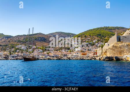 View of Hydra Town and marina, Hydra Island, Saronic Islands, Greece Stock Photo