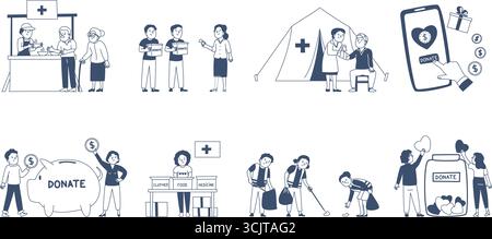 Charity characters. Volunteers collect different donations, money food clothes. People donate support, give medical and financial help, recent vector Stock Vector