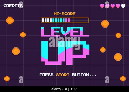 Level up screen. Retro pixel arcade machine 8 bit monitor press start play button vintage console 1980s video gaming technology score coins interface Stock Vector