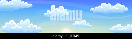 Cartoon sky background. Clouds heavens anime panoramic landscape, 2d video game scenery blue cloudy sky vector illustration original artwork Stock Vector