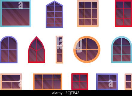 Cartoon windows frames. Windows glass frame different shapes, wood plastic or pane arc round square shape for entrance door house building exterior wi Stock Vector
