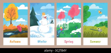Four season cards. Autumn winter spring summer nature landscapes cover design, fall cold warm hot seasons preschool child education kids weather scene Stock Vector
