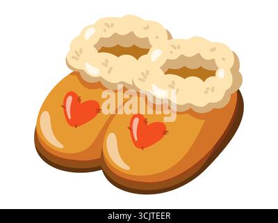 Slippers with fur trim and red heart detail. Cozy home shoes. Cartoon vector isolated illustration on white background.  Stock Vector