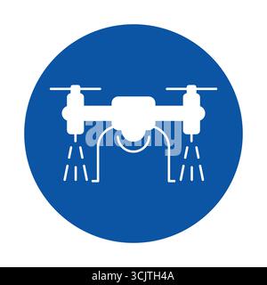 A simplistic graphic of a white drone with spray symbols on a blue circle. Ideal for technology, agriculture, or aerial imagery concepts. Stock Vector