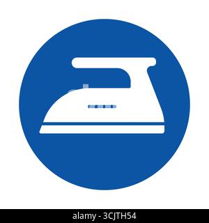 A minimalist illustration of a white iron icon on a blue circle background, ideal for housekeeping themes, laundry services, and home organization vis Stock Vector