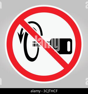 This illustration shows a prohibition sign against inserting keys into electrical plugs. The design emphasizes safety and awareness in electrical usag Stock Vector